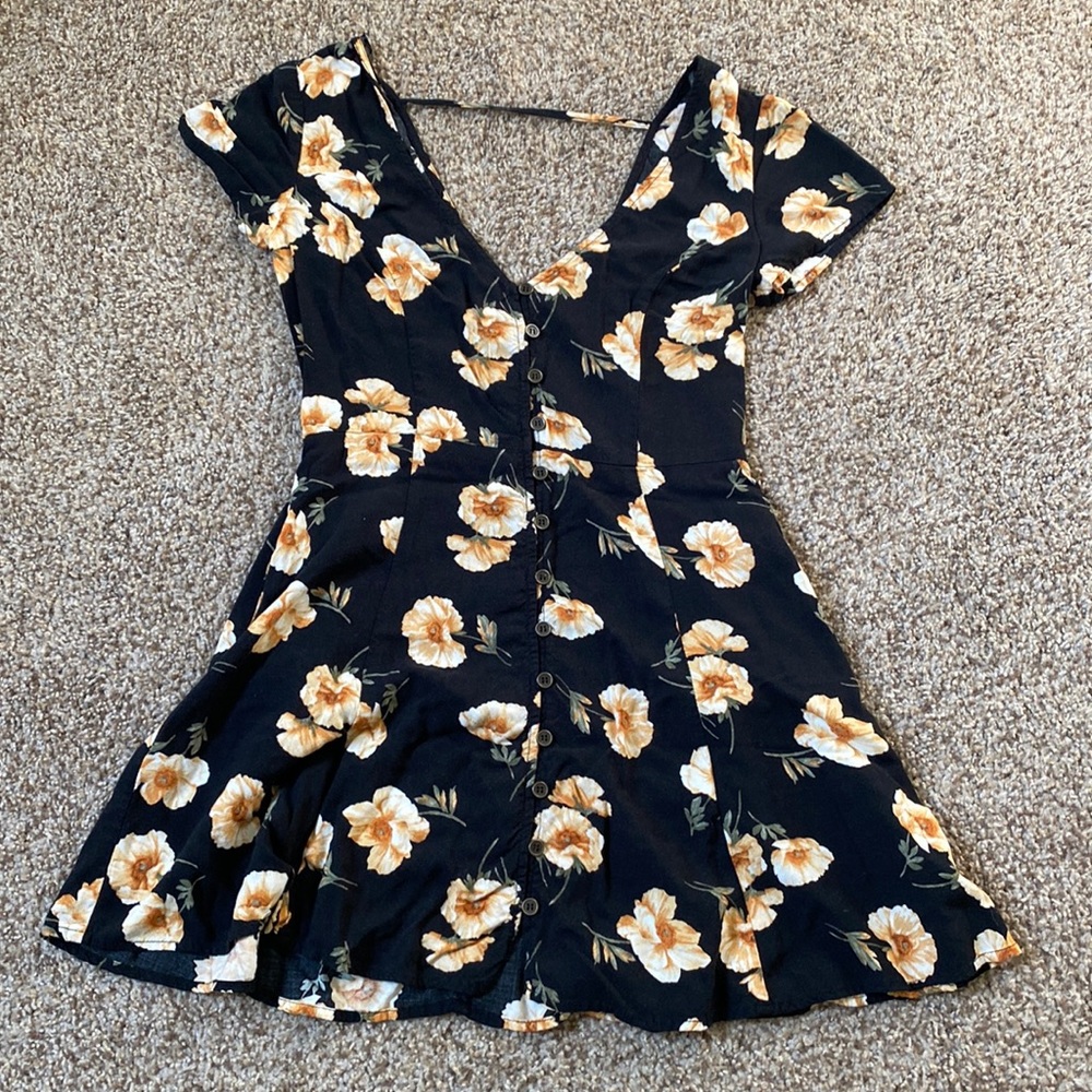 Black button up floral mini dress